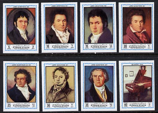 Ajman 1972 Beethoven (Paintings) imperf set of 8 unmounted mint, Mi 1336-43B, stamps on music  arts    personalities     composers, stamps on opera, stamps on personalities, stamps on beethoven, stamps on opera, stamps on music, stamps on composers, stamps on deaf, stamps on disabled, stamps on masonry, stamps on masonics
