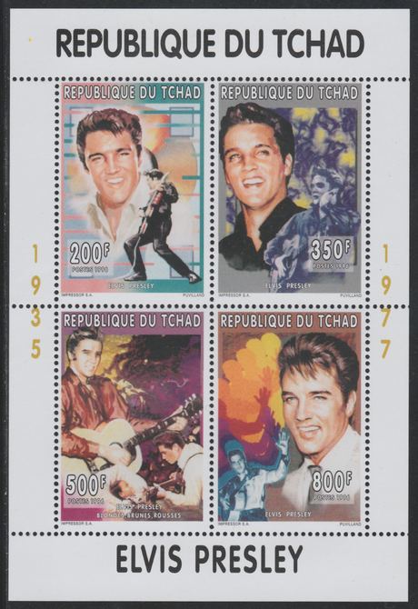 Chad 1996 Elvis Presley perf sheetlet containing 4 values unmounted mint, stamps on , stamps on  stamps on personalities, stamps on  stamps on music, stamps on  stamps on rock, stamps on  stamps on pops, stamps on  stamps on elvis