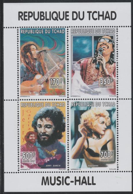 Chad 1996 Music Hall perf sheetlet containing 4 values (Bob Marley, Stevie Wonder, Jerry Garcia & Madonna)unmounted mint, stamps on , stamps on  stamps on personalities, stamps on  stamps on music, stamps on  stamps on rock, stamps on  stamps on pops, stamps on  stamps on 