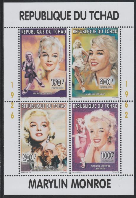 Chad 1996 Marilyn Monroe perf sheetlet containing 4 values unmounted mint, stamps on , stamps on  stamps on personalities, stamps on  stamps on music, stamps on  stamps on films, stamps on  stamps on cinema, stamps on  stamps on marilyn