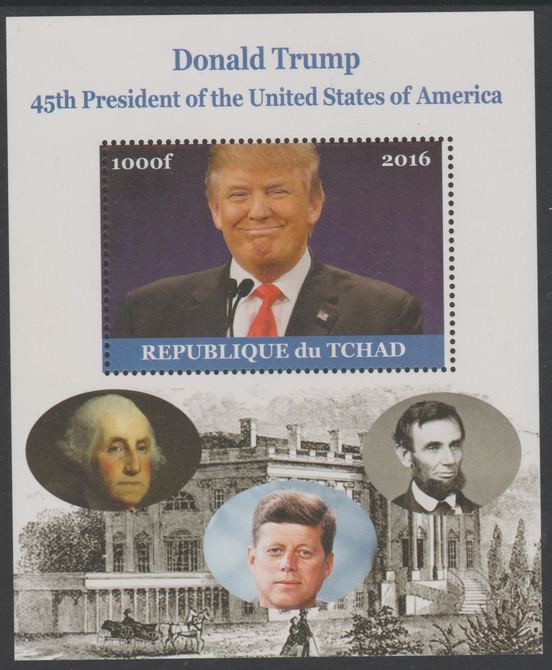 Chad 2016 Donald Trump perf s/sheet containing 1 value unmounted mint. Note this item is privately produced and is offered purely on its thematic appeal. . , stamps on , stamps on  stamps on personalities, stamps on  stamps on trump, stamps on  stamps on usa presidents, stamps on  stamps on americana