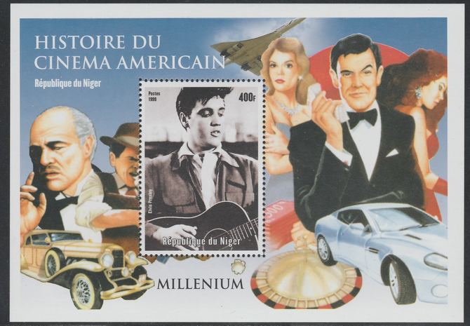 Niger Republic 1999 History of American Cinema souvenir sheet containing 1 value unmounted mint. Note this item is privately produced and is offered purely on its themati..., stamps on cinema, stamps on movies, stamps on films, stamps on elvis, stamps on james bond