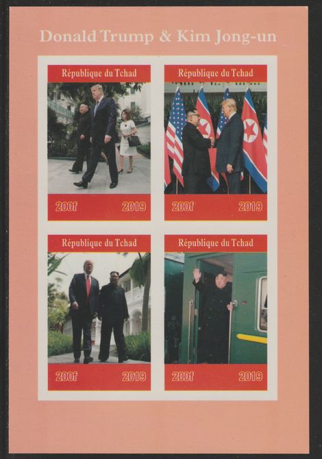 Chad 2019 Donald Trump Meets Kim Jong-un imperf sheetlet containing 4 values unmounted mint. Note this item is privately produced and is offered purely on its thematic ap..., stamps on trump.usa presidents, stamps on constitutions