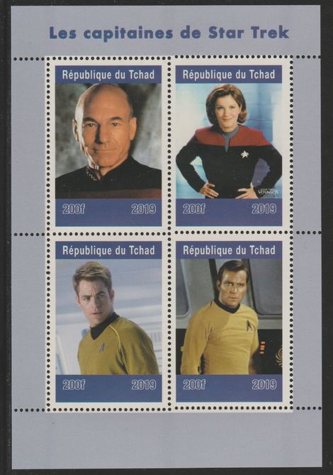 Chad 2019 Star Trek Captains perf sheetlet containing 4 values unmounted mint. Note this item is privately produced and is offered purely on its thematic appeal, it has no postal validity, stamps on , stamps on  stamps on films, stamps on  stamps on cinema, stamps on  stamps on star trek, stamps on  stamps on sci-fi