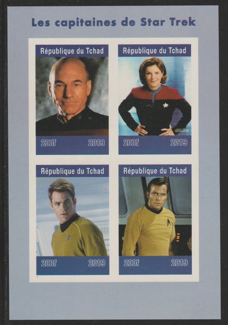 Chad 2019 Star Trek Captains imperf sheetlet containing 4 values unmounted mint. Note this item is privately produced and is offered purely on its thematic appeal, it has..., stamps on films, stamps on cinema, stamps on star trek, stamps on sci-fi