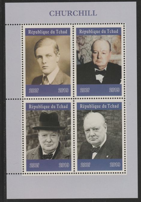 Chad 2019 Churchill perf sheetlet containing 4 values unmounted mint. Note this item is privately produced and is offered purely on its thematic appeal, it has no postal validity, stamps on , stamps on  stamps on personalities, stamps on  stamps on churchill, stamps on  stamps on constitutions