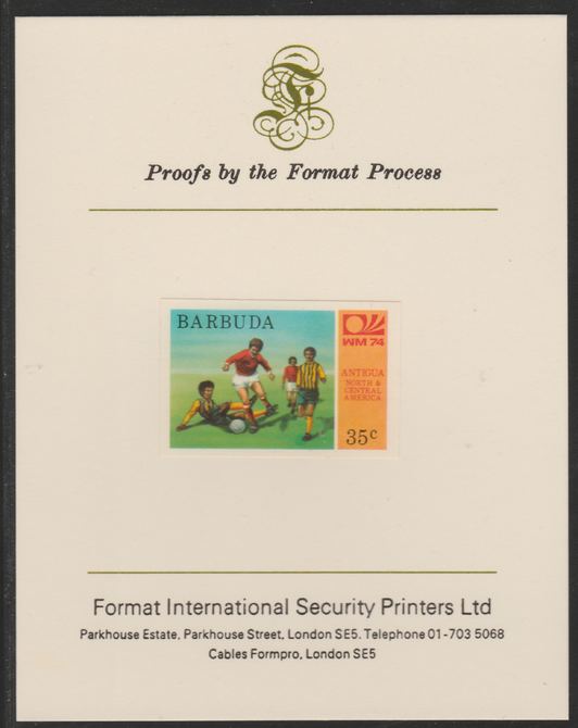 Barbuda 1974 World Cup Football 35c imperf proof mounted on Format International proof card (as SG 168), stamps on football, stamps on sport