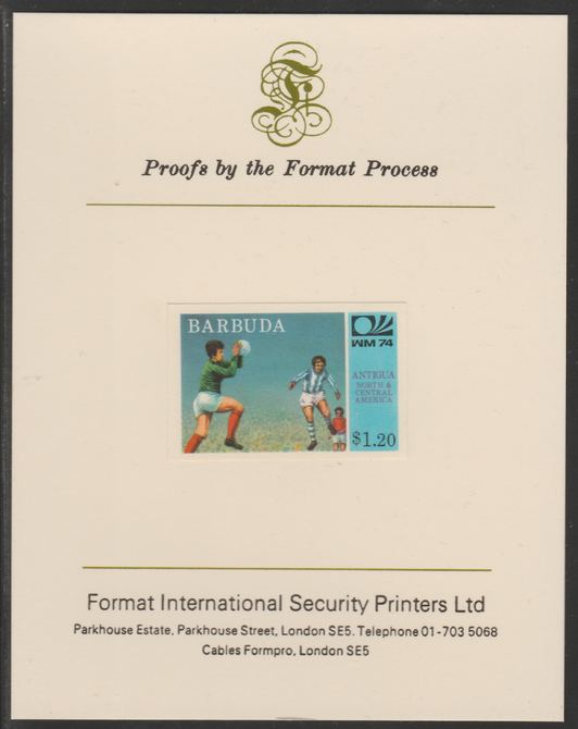Barbuda 1974 World Cup Football $1.20 imperf proof mounted on Format International proof card (as SG 169), stamps on football, stamps on sport