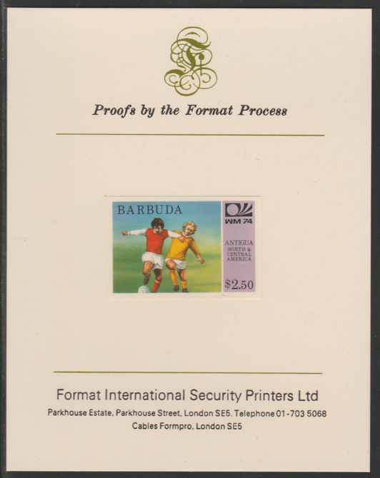 Barbuda 1974 World Cup Football $2.50 imperf proof mounted on Format International proof card (as SG 170), stamps on football, stamps on sport