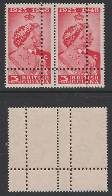 British Guiana 1949 Royal Silver Wedding 3c horizontal pair with perforations doubled, unmounted mint. Note: the stamps are genuine but the additional perfs are a slightly different gauge identifying it to be a forgery., stamps on , stamps on  stamps on royalty, stamps on  stamps on  kg6 , stamps on  stamps on 