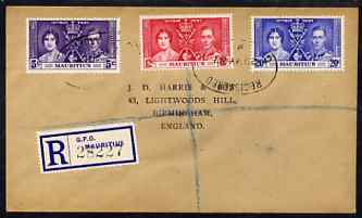 Mauritius 1937 KG6 Coronation set of 3 on reg cover with first day cancel addressed to the forger, J D Harris.  Harris was imprisoned for 9 months after Robson Lowe expos...