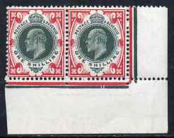 Great Britain 1911 KE7 1s green & scarlet SE corner pair showing two cut lines in rule below stamp 12, lightly mounted and fresh, stamps on 