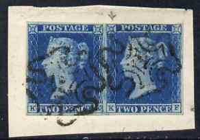 Great Britain 1841 2d blue KE-KF 4 clear to good margins beautifully fresh colour on piece with black Maltese Cross cancel, guide line through value on KF, stamps on 