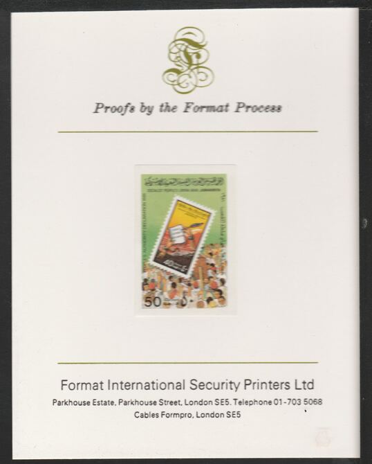 Libya 1981 Peoples Declaration 50dh imperf mounted on Format International Proof Card, as SG1064, stamps on revolutions
