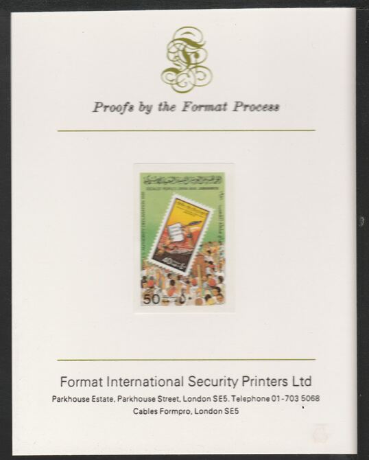 Libya 1981 Peoples Declaration 50dh imperf mounted on Format International Proof Card, as SG1064, stamps on , stamps on  stamps on revolutions