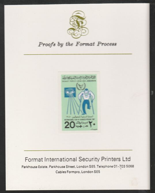 Libya 1981 International Year of the Disabled 20dh imperf mounted on Format International Proof Card, as SG1068, stamps on , stamps on  stamps on disabled