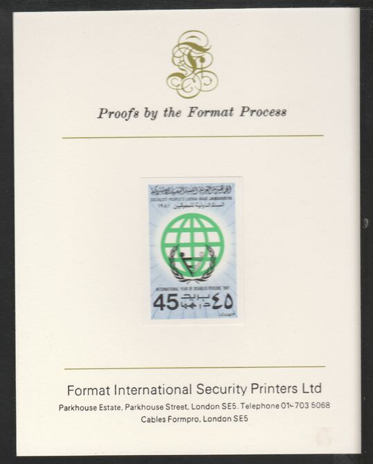 Libya 1981 International Year of the Disabled 45dh imperf mounted on Format International Proof Card, as SG1069, stamps on disabled