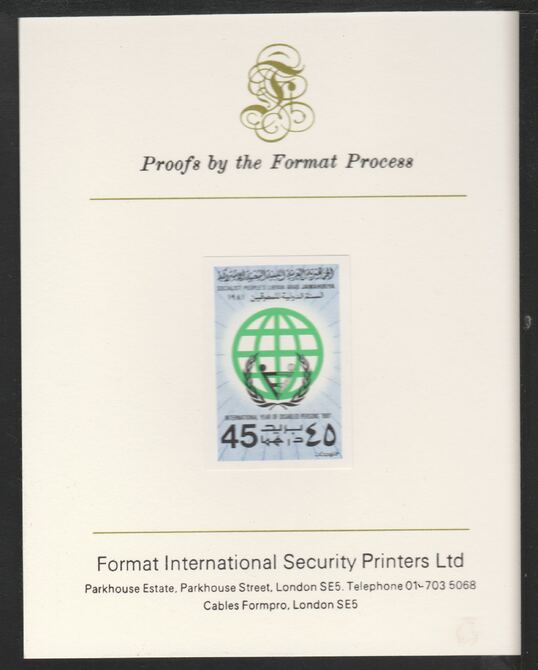 Libya 1981 International Year of the Disabled 45dh imperf mounted on Format International Proof Card, as SG1069, stamps on , stamps on  stamps on disabled