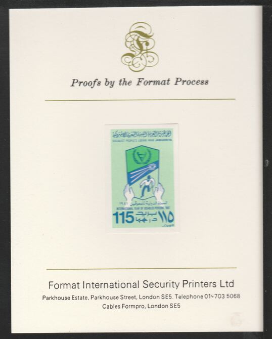 Libya 1981 International Year of the Disabled 115dh imperf mounted on Format International Proof Card, as SG1070, stamps on , stamps on  stamps on disabled