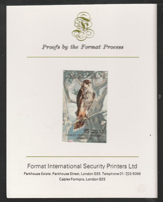 Libya 1982 Birds - Lanner Falcon 15dh imperf mounted on Format International Proof Card, as SG1190, stamps on birds, stamps on birds of prey, stamps on falcons