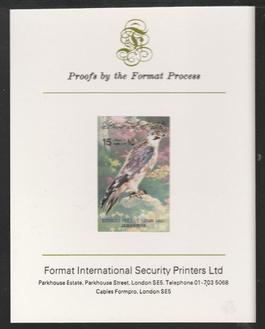 Libya 1982 Birds - Peregrine Falcon 15dh imperf mounted on Format International Proof Card, as SG1192, stamps on , stamps on  stamps on birds, stamps on  stamps on birds of prey, stamps on  stamps on falcons