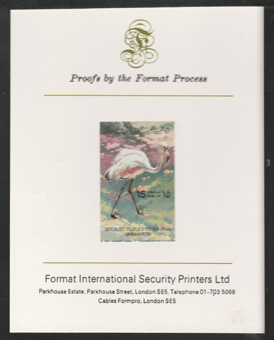 Libya 1982 Birds - Greater Flamingo 15dh imperf mounted on Format International Proof Card, as SG1193, stamps on birds, stamps on flamingoes