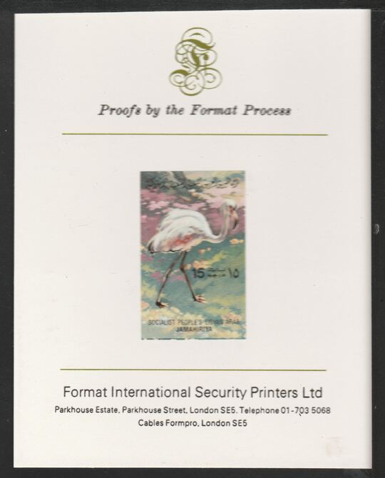 Libya 1982 Birds - Greater Flamingo 15dh imperf mounted on Format International Proof Card, as SG1193, stamps on , stamps on  stamps on birds, stamps on  stamps on flamingoes