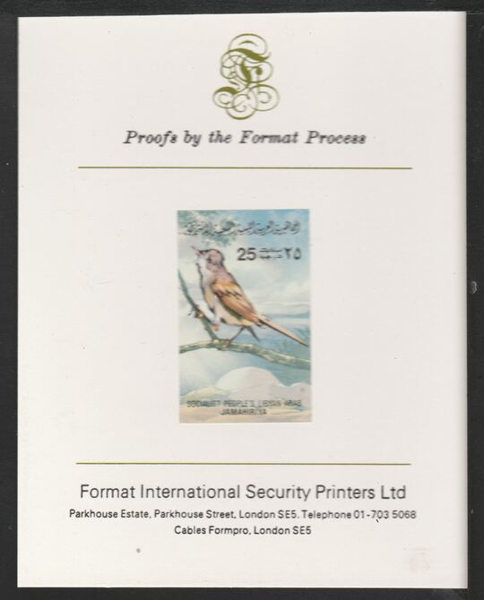 Libya 1982 Birds - Whitethroat 25dh imperf mounted on Format International Proof Card, as SG1194, stamps on birds, stamps on 