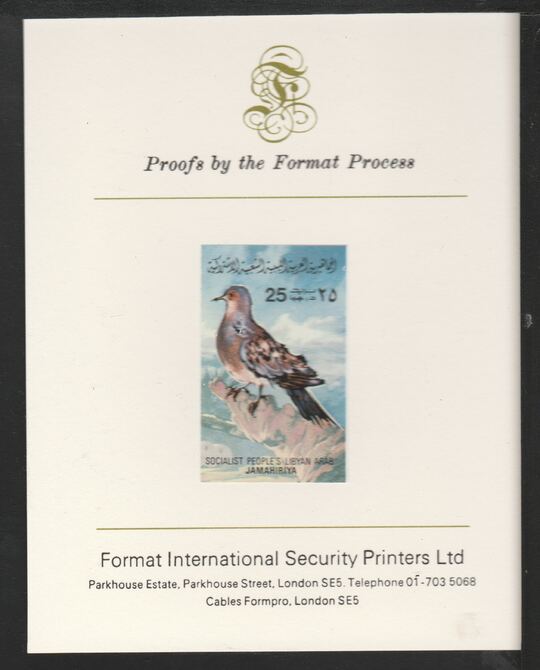 Libya 1982 Birds - Turtle Dove 25dh imperf mounted on Format International Proof Card, as SG1195, stamps on , stamps on  stamps on birds, stamps on  stamps on doves