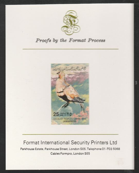 Libya 1982 Birds - Black-Bellied Sand Grouse 25dh imperf mounted on Format International Proof Card, as SG1196, stamps on birds, stamps on grouse, stamps on game birds