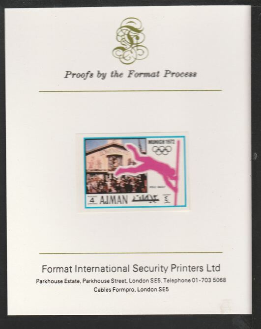 Ajman 1971 Pole Vault 4dh from Munich Olympics set, imperf proof mounted on Format International proof card, as Mi 729B, stamps on pole vault, stamps on alcohol, stamps on beer, stamps on olympics, stamps on sport