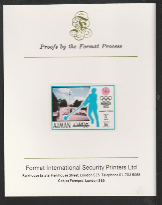 Ajman 1971 Hammer 5dh from Munich Olympics set, imperf proof mounted on Format International proof card, as Mi 730B