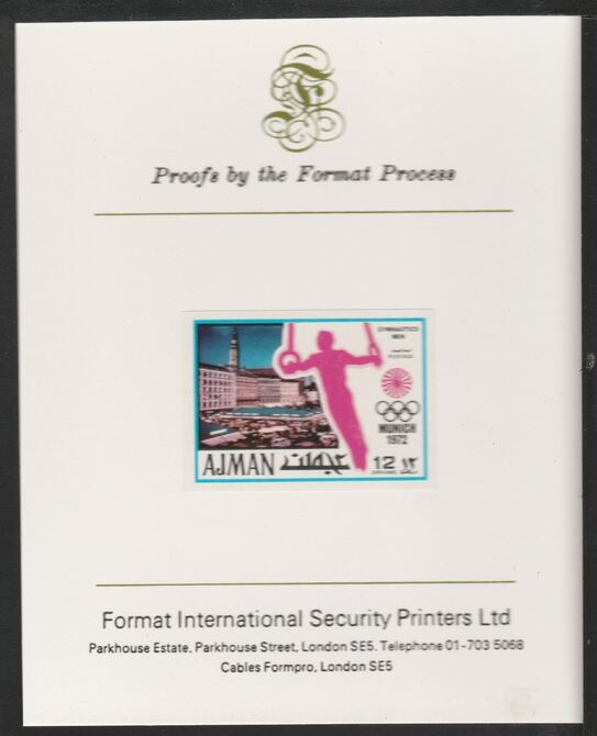 Ajman 1971 Rings 12dh from Munich Olympics set, imperf proof mounted on Format International proof card, as Mi 734B, stamps on rings, stamps on gymnastics, stamps on  gym , stamps on gymnastics, stamps on , stamps on olympics, stamps on sport