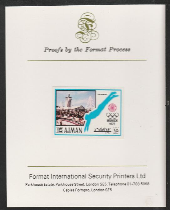 Ajman 1971 Swimming 15dh from Munich Olympics set, imperf proof mounted on Format International proof card, as Mi 735B, stamps on diving, stamps on swimming, stamps on olympics, stamps on sport