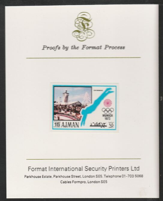 Ajman 1971 Swimming 15dh from Munich Olympics set, imperf proof mounted on Format International proof card, as Mi 735B