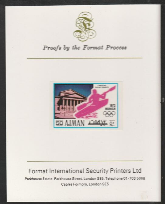 Ajman 1971 Canoeing 50dh from Munich Olympics set, imperf proof mounted on Format International proof card, as Mi 741B