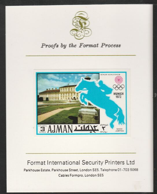 Ajman 1971 Show Jumping 3R from Munich Olympics set, imperf proof mounted on Format International proof card, as Mi 745B, stamps on show-jumping, stamps on horses, stamps on olympics, stamps on sport