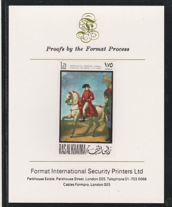 Ras Al Khaima 1969 Napoleon by Antoine-Jean Gros 1.75R,imperf mounted on Format International proof card, as Mi 322B, stamps on arts, stamps on history, stamps on personalities, stamps on napoleon, stamps on , stamps on dictators.