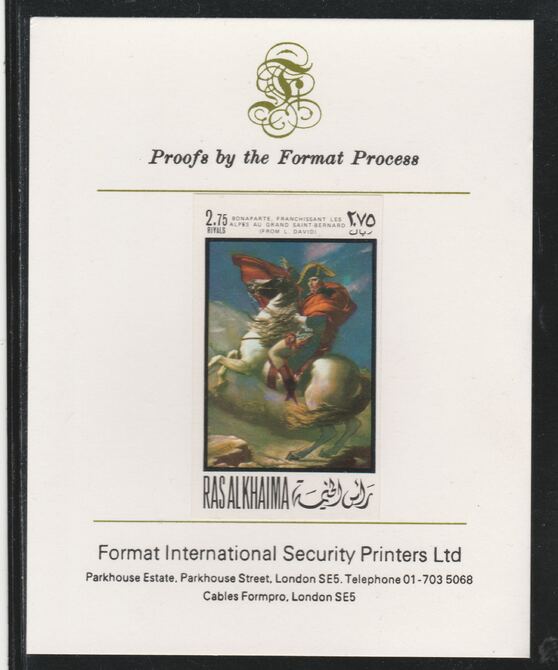 Ras Al Khaima 1969 Napoleon by David 2.75R,imperf mounted on Format International proof card, as Mi 323B, stamps on arts, stamps on history, stamps on personalities, stamps on napoleon, stamps on , stamps on dictators.
