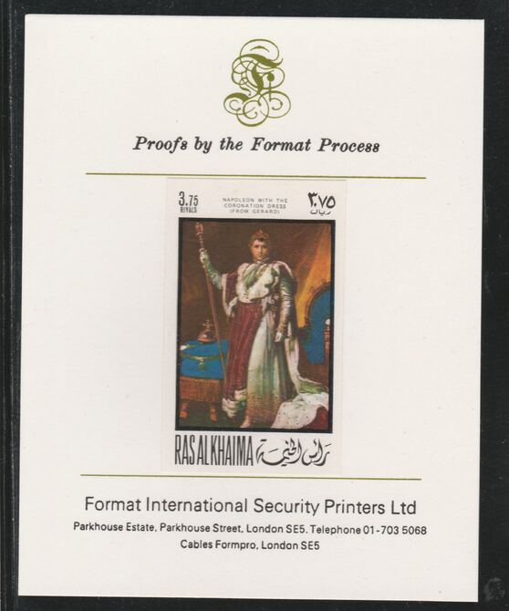 Ras Al Khaima 1969 Napoleon by Simon Gerard.3.75R  imperf mounted on Format International proof card, as Mi 324B, stamps on , stamps on  stamps on arts   history  personalities    napoleon  , stamps on  stamps on dictators.