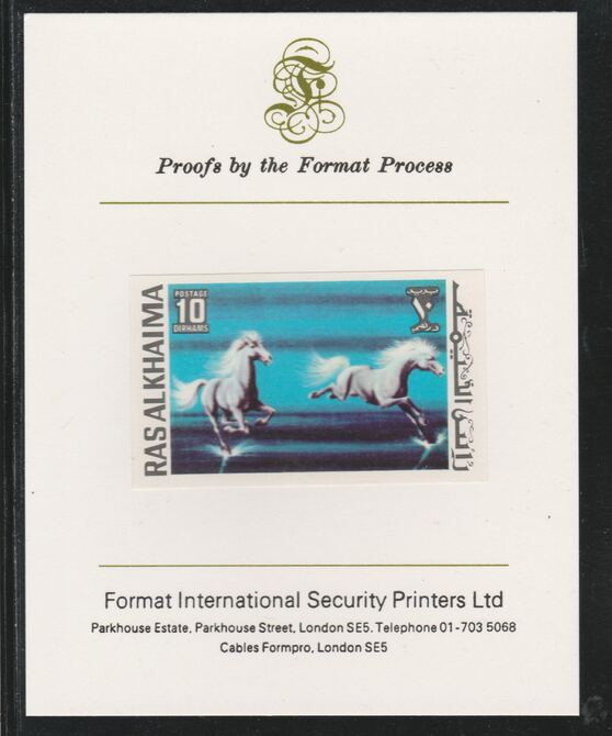 Ras Al Khaima 1972 Horses 10Dh,imperf mounted on Format International proof card, as Mi 656B, stamps on animals, stamps on horses, stamps on 