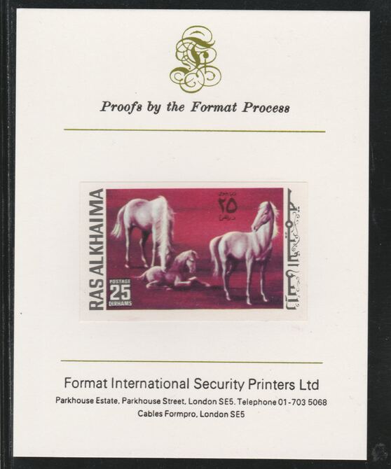Ras Al Khaima 1972 Horses 25Dh  imperf mounted on Format International proof card, as Mi 657B, stamps on , stamps on  stamps on animals, stamps on  stamps on horses, stamps on  stamps on 