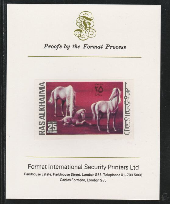 Ras Al Khaima 1972 Horses 25Dh,imperf mounted on Format International proof card, as Mi 657B, stamps on animals, stamps on horses, stamps on 