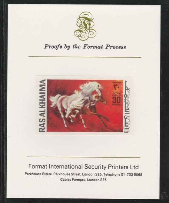 Ras Al Khaima 1972 Horses 30Dh  imperf mounted on Format International proof card, as Mi 658B, stamps on animals, stamps on horses, stamps on 