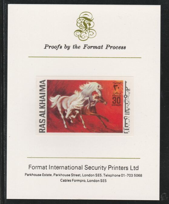 Ras Al Khaima 1972 Horses 30Dh  imperf mounted on Format International proof card, as Mi 658B, stamps on , stamps on  stamps on animals, stamps on  stamps on horses, stamps on  stamps on 