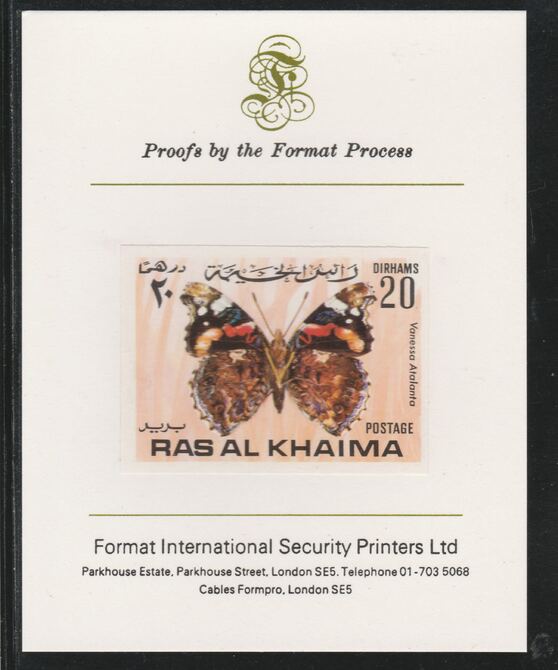 Ras Al Khaima 1972 Butterflies 20Dh  imperf mounted on Format International proof card, as Mi 615B, stamps on insects, stamps on butterflies