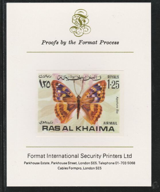 Ras Al Khaima 1972 Butterflies 1.25R  imperf mounted on Format International proof card, as Mi 617B, stamps on insects, stamps on butterflies