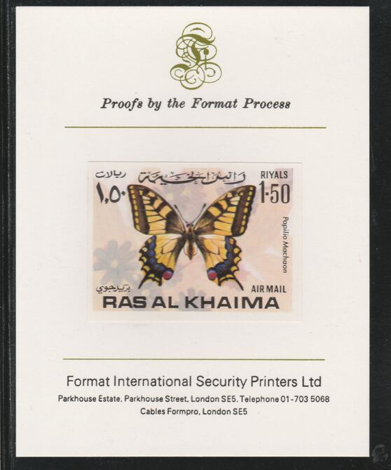 Ras Al Khaima 1972 Butterflies 1.50R  imperf mounted on Format International proof card, as Mi 618B, stamps on , stamps on  stamps on insects, stamps on  stamps on butterflies