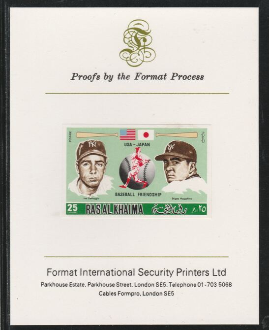 Ras Al Khaima 1972 Baseball USA & Japan 25Dh,imperf mounted on Format International proof card, as Mi 716B, stamps on sport, stamps on baseball