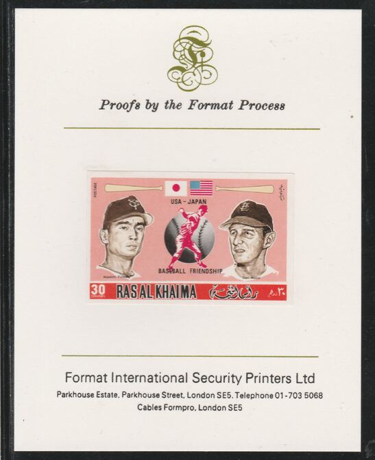 Ras Al Khaima 1972 Baseball USA & Japan 30Dh,imperf mounted on Format International proof card, as Mi 717B, stamps on sport, stamps on baseball